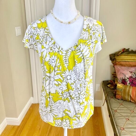 Boden Top Silk Blend V-Neck Short Sleeve Floral Yellow White Multi (2) - Picture 1 of 7